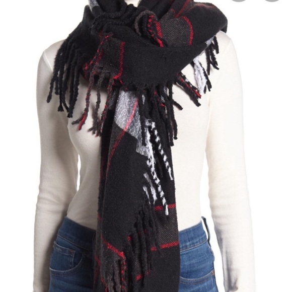 NWT Free People Black Red Plaid Fringe Scarf - Picture 3 of 7
